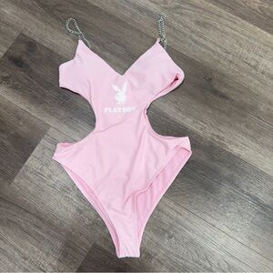 PLAYBOY Light Pink Cutout One-Piece Swimsuit with Silver Chain Straps